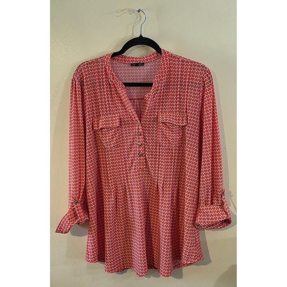 Ava & Grace Womens Coral White Heart Print Roll Tab Sleeve Blouse Large